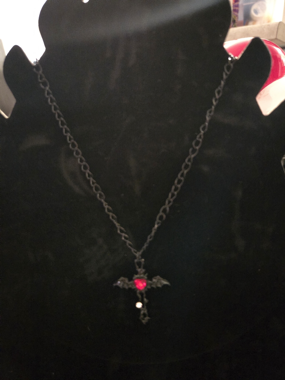 Black Gothic Bat Cross Necklace with Red Gem Accent